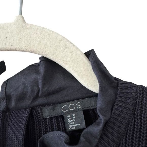 COS Silk Cotton Blend Sweater Shirt Dress Size XS Navy Blue Ruffle Hem Cottage - Picture 4 of 11